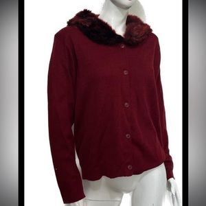*Vintage Terry Lewis Red knit cardigan faux fur collar Wool Blend Size S
